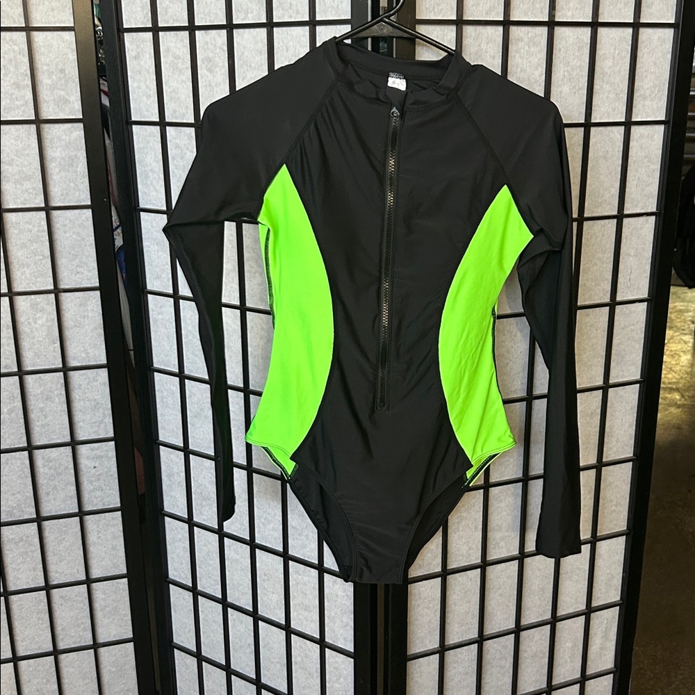 Black and Neon Green Long Sleeve Swimsuit
